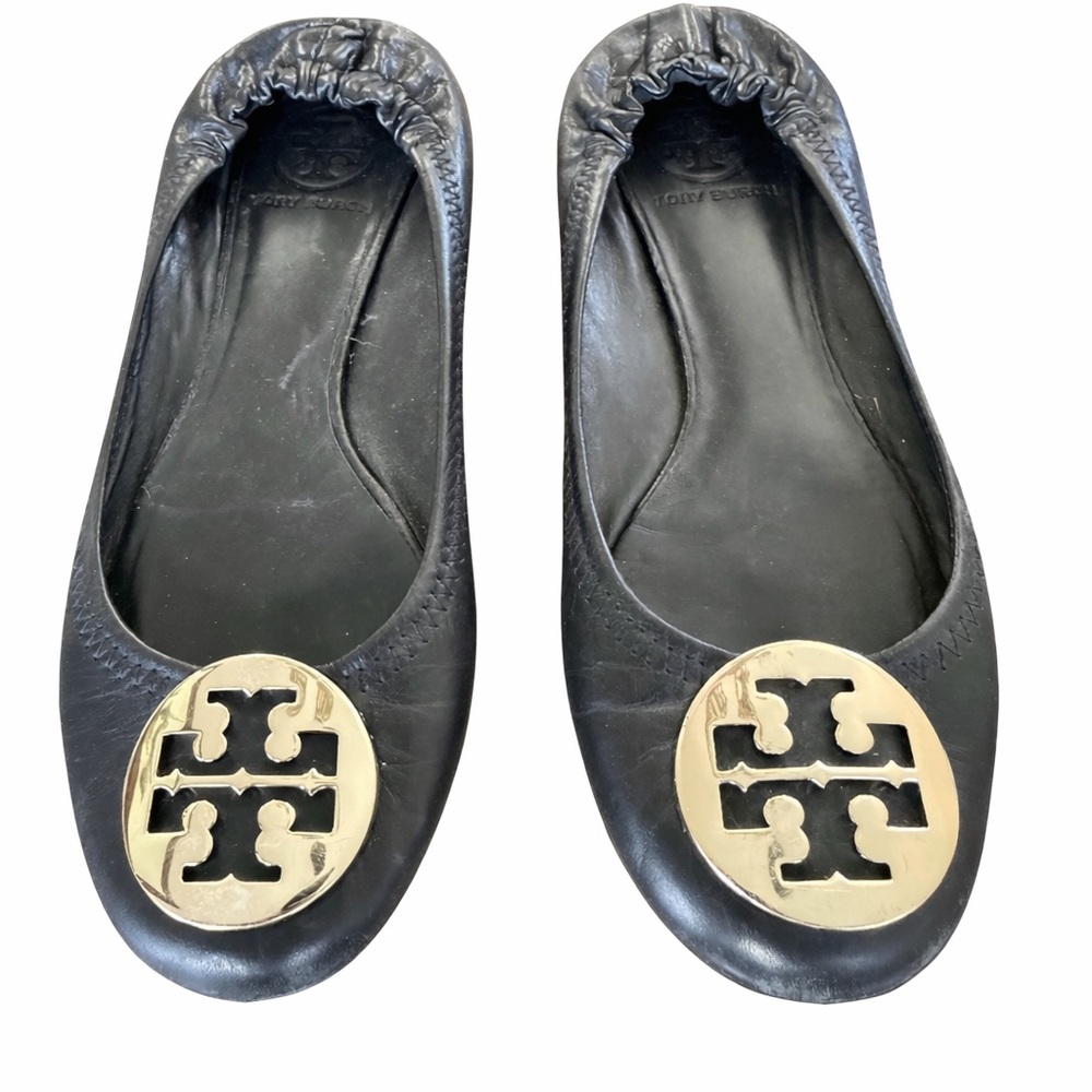 Tory Burch Ballet Flats Black Silver Leather Slip On Women’s Shoes Size 6 classy